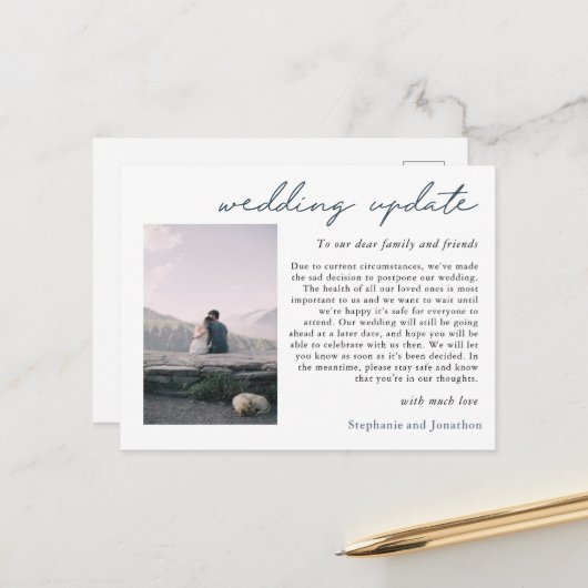 Trouwuitstel Foto-update Moderne Script Aankondigingskaart (Voorkant / Achterkant in situ)