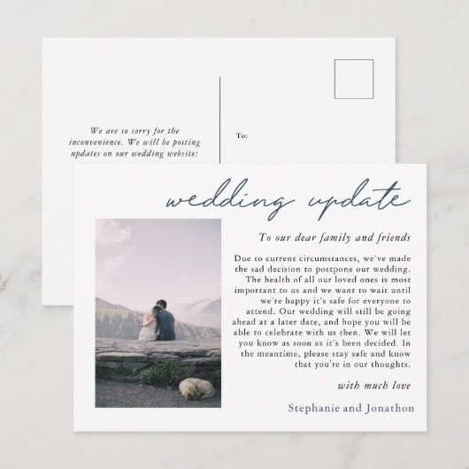 Trouwuitstel Foto-update Moderne Script Aankondigingskaart (Voorkant / Achterkant)