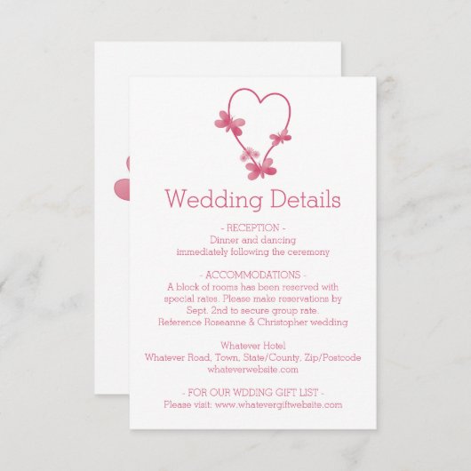 Trouwverblijf Kaart Roze Hart Vlinders (Voorkant / Achterkant)