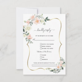 Trouwverzoek met blozende witte bloemen en gouden RSVP kaartje