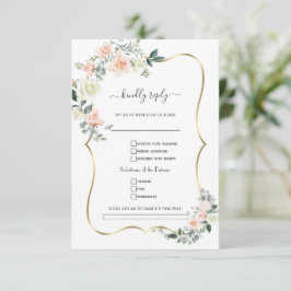 Trouwverzoek met blozende witte bloemen en gouden  RSVP kaartje