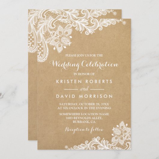 Trouwviering Klasse Bloemrijke Kant Kraft Kaart (Voorkant / Achterkant)