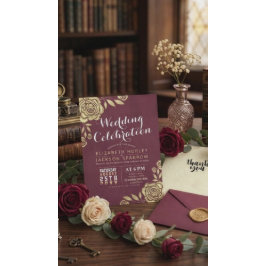 Trouwviering Modern Goud Rozen Burgundy Rood Kaart