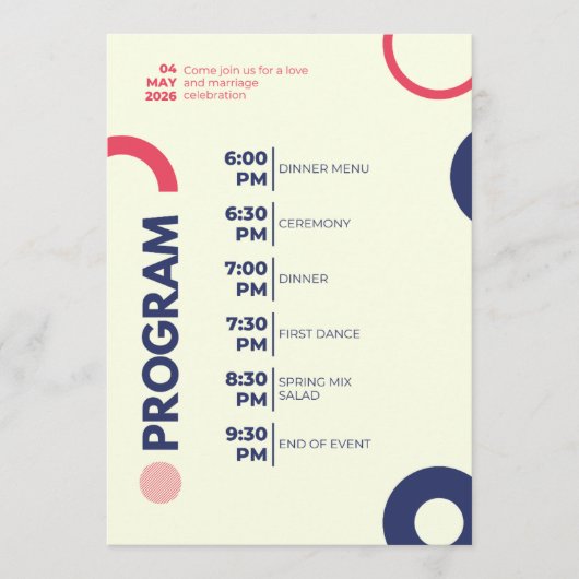 Trouwviering Programma – Modern Rood & Marineblauw Programmakaart (Voorkant)