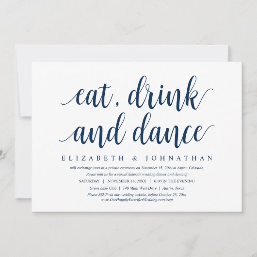 Trouwvlucht, Eten, Drinken en Dans Uitnodiging (Voorkant)