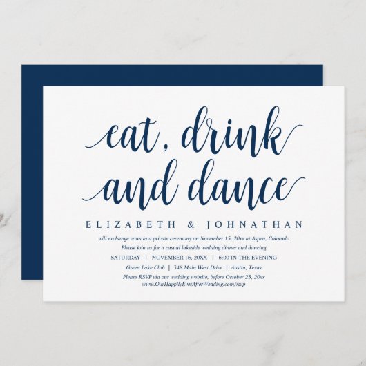 Trouwvlucht Uitnodiging, Eet, Drink en Dans Kaart (Voorkant / Achterkant)