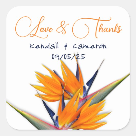 Trouwvogel van het paradijs bloemen dank u vierkante sticker (Voorkant)