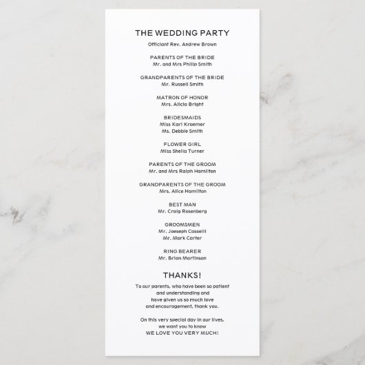 Trouwvolgorde van de eredienst Ceremonie Programma Programmakaart (Achterkant)