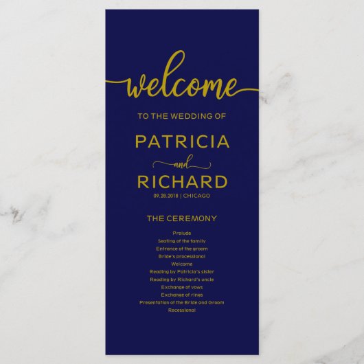 Trouwvolgorde van dienstprogramma Goud Navyblauw Programmakaart (Voorkant)
