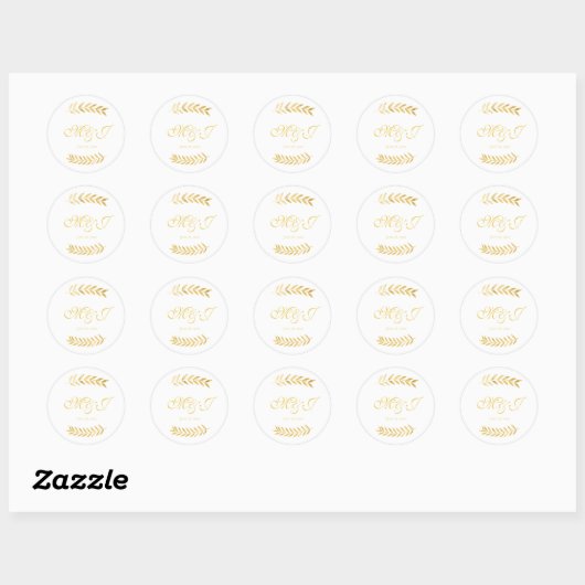 Trouwwarme Golden Leaves Initialen met datum Ronde Sticker (Vel)