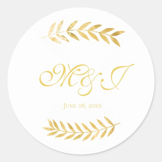 Trouwwarme Golden Leaves Initialen met datum Ronde Sticker (Voorkant)