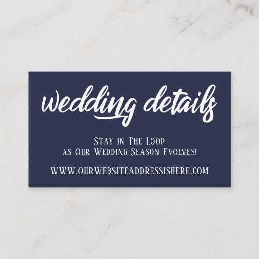 Trouwwebsite Details in Elegante Script, Navy Informatiekaartje (Voorkant)