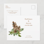 Trouwwebsite met dennenappels Save the Date Aankondigingskaart (Voorkant / Achterkant)
