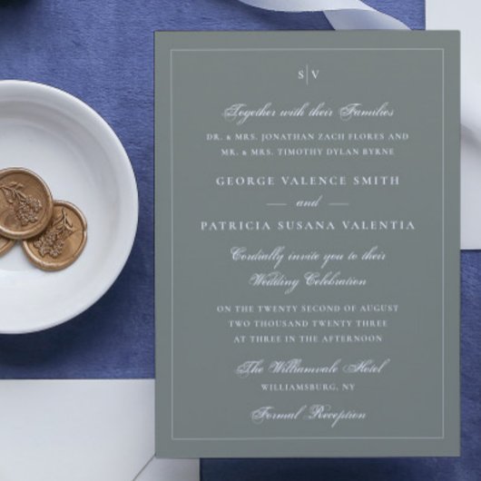 Trouwwebsite met sierlijk monogram in witte lijst kaart