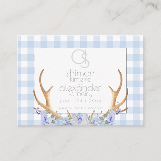 Trouwwebsite | Monogram Blue Gingham Floral Visitekaartje (Voorkant)