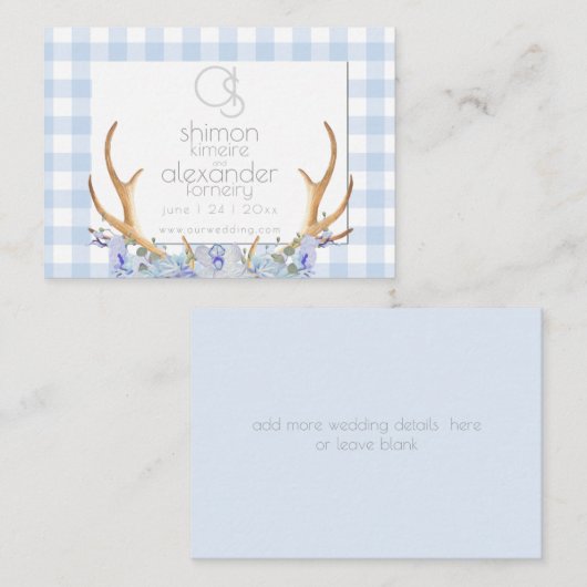 Trouwwebsite | Monogram Blue Gingham Floral Visitekaartje (Voorkant / Achterkant)