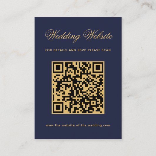 Trouwwebsite Navyblauw Goud QR-code Calligrafie Informatiekaartje (Voorkant)