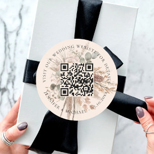 Trouwwebsite QR code details rsvp pampas beige Ronde Sticker