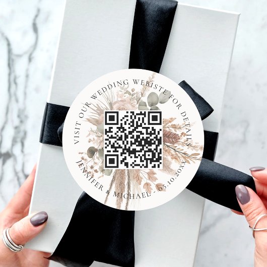 Trouwwebsite QR code details rsvp pampas Ronde Sticker