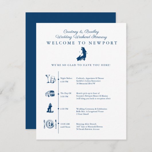 Trouwweekend Itinerarium Tijdlijn Newport RI Informatiekaartje (Voorkant / Achterkant)