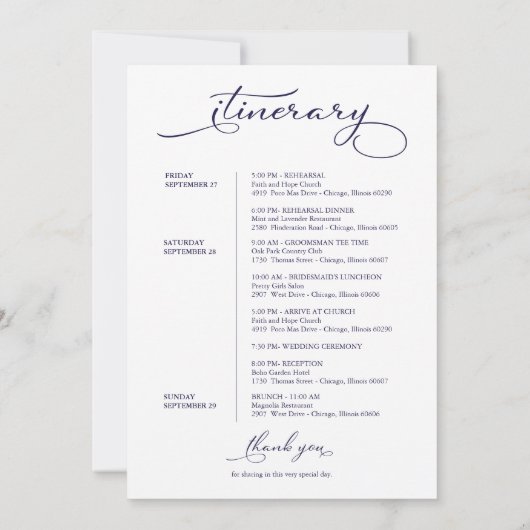 Trouwweekend Itinerary Elegante Script Begroeting  Kaart (Achterkant)