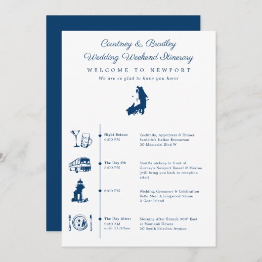 Trouwweekend Itinerary Tijdlijn Newport RI Kaart (Voorkant / Achterkant)