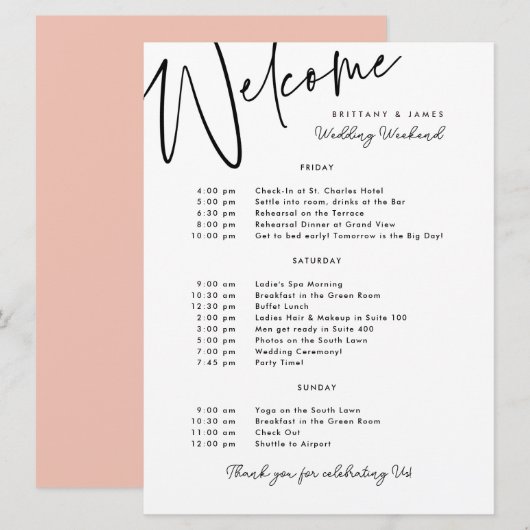 Trouwweekend Itinerary Welkomstkaart Kaart (Voorkant / Achterkant)