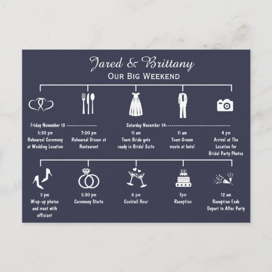 Trouwweekend Tijdschema Itinerarium Uitnodiging Briefkaart (Voorkant)