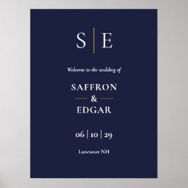 Trouwwelkomstbord met marineblauw en goud monogram poster