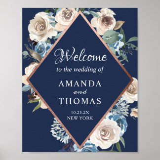 Trouwwelkomstbord Navy Blauwe Roze Gouden Bloemen Poster