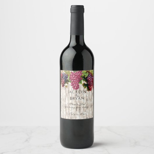 Trouwwijn Waterverf Druiven Wit Hout Panel Wijn Etiket (Voorkant)
