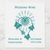 Trouwwijnlabel Blauwgroen vlinders hart Wijn Etiket (Enkel label)