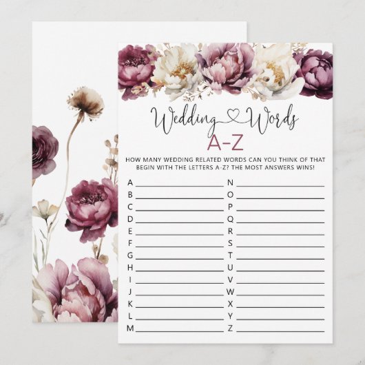 Trouwwoorden A-Z Vrijgezellenfeest spel Kaart (Voorkant / Achterkant)