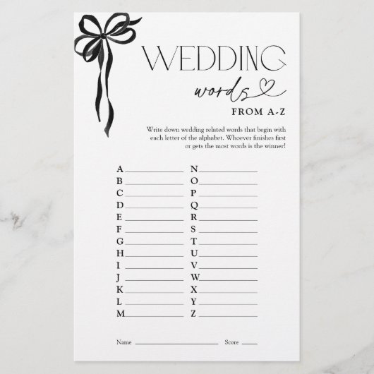 Trouwwoorden van A-Z Black Bow Shower Game (Voorkant)