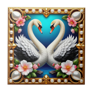 🦢 Trouwzwanen Gouden Lijst Bloemrijke Romantische Tegeltje