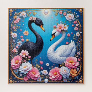 Trouwzwanen omlijst met goud en bloesems legpuzzel