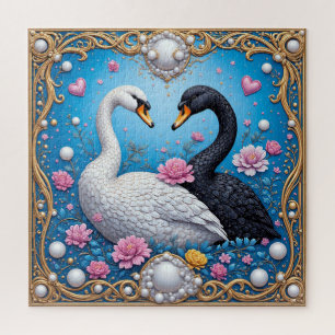 Trouwzwanen omlijst met goud en bloesems legpuzzel