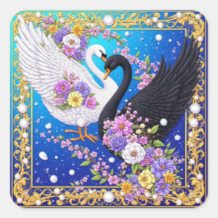 Trouwzwanen omlijst met goud en bloesems vierkante sticker