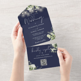 Troyblau bloemenslingerlichten QR-code bruiloft All In One Uitnodiging