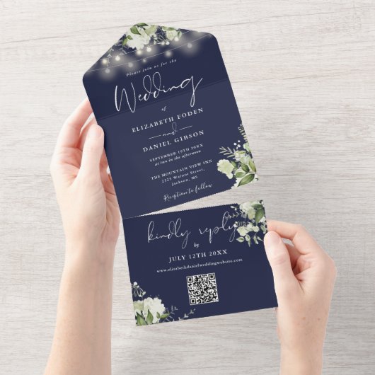 Troyblau bloemenslingerlichten QR-code bruiloft All In One Uitnodiging (Afscheurbaar)