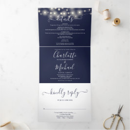 Troyblau Slingerlichten Script Monogram Huwelijk Drieluik Uitnodiging