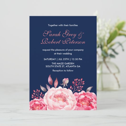 Troyse Blauw Rozen Strepen Bloemen Bruiloftsinvita Kaart (Staand voorkant)