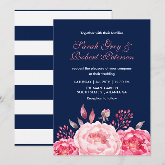 Troyse Blauw Rozen Strepen Bloemen Bruiloftsinvita Kaart (Voorkant / Achterkant)