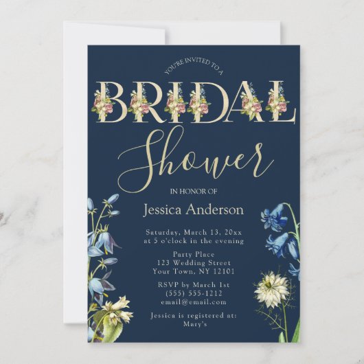 Troyse bloemige koninklijk blauwe en gouden bruids kaart (Voorkant)