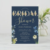 Troyse bloemige koninklijk blauwe en gouden bruids kaart (Staand voorkant)