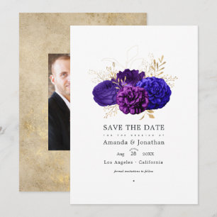 Troyse Paars, Koningsblauw en Gouden Bloemen Bruil Save The Date