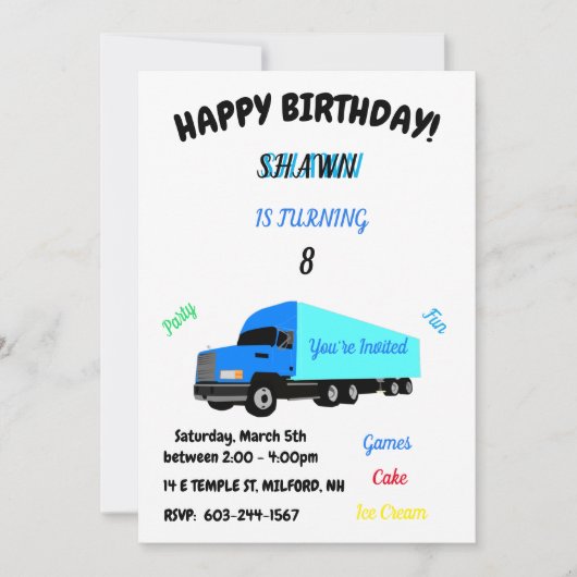 "Truck" Birthday Uitnodiging voor kinderen (Voorkant)