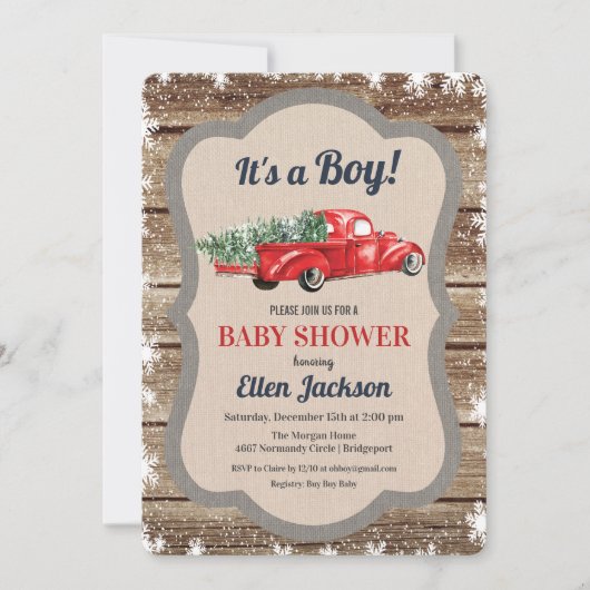 Truck Boy Baby shower Snowflake Uitnodiging (Voorkant)