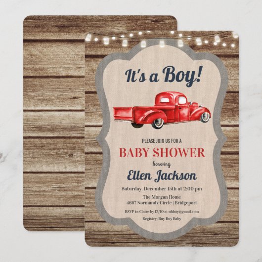 Truck Boy Baby shower Uitnodiging (Voorkant / Achterkant)