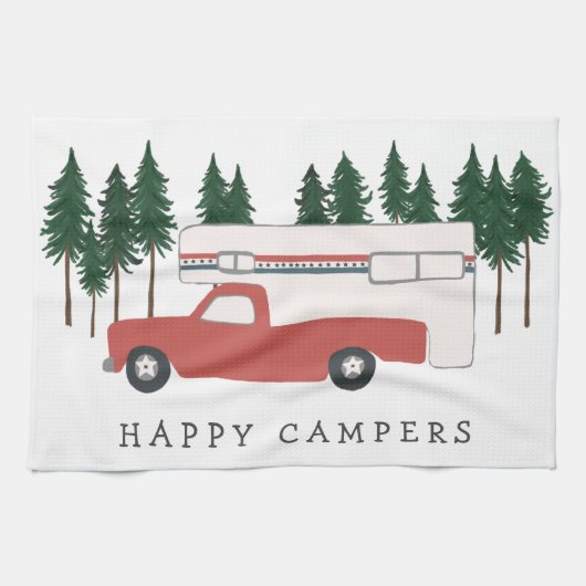 Truck Camping RVing Motorhome Red Trees Whimsical Theedoek (Horizontaal)